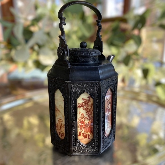 Vintage Chinese Shantou Teapot Pewter Metal Reverse Glass Painted Panels Black - Picture 12 of 16